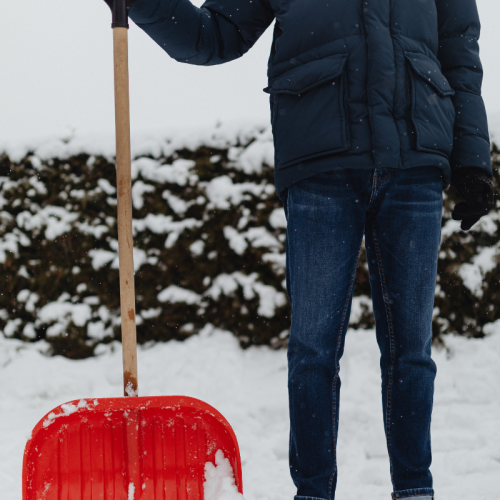 An adult person standing with snow shovel in driveway.