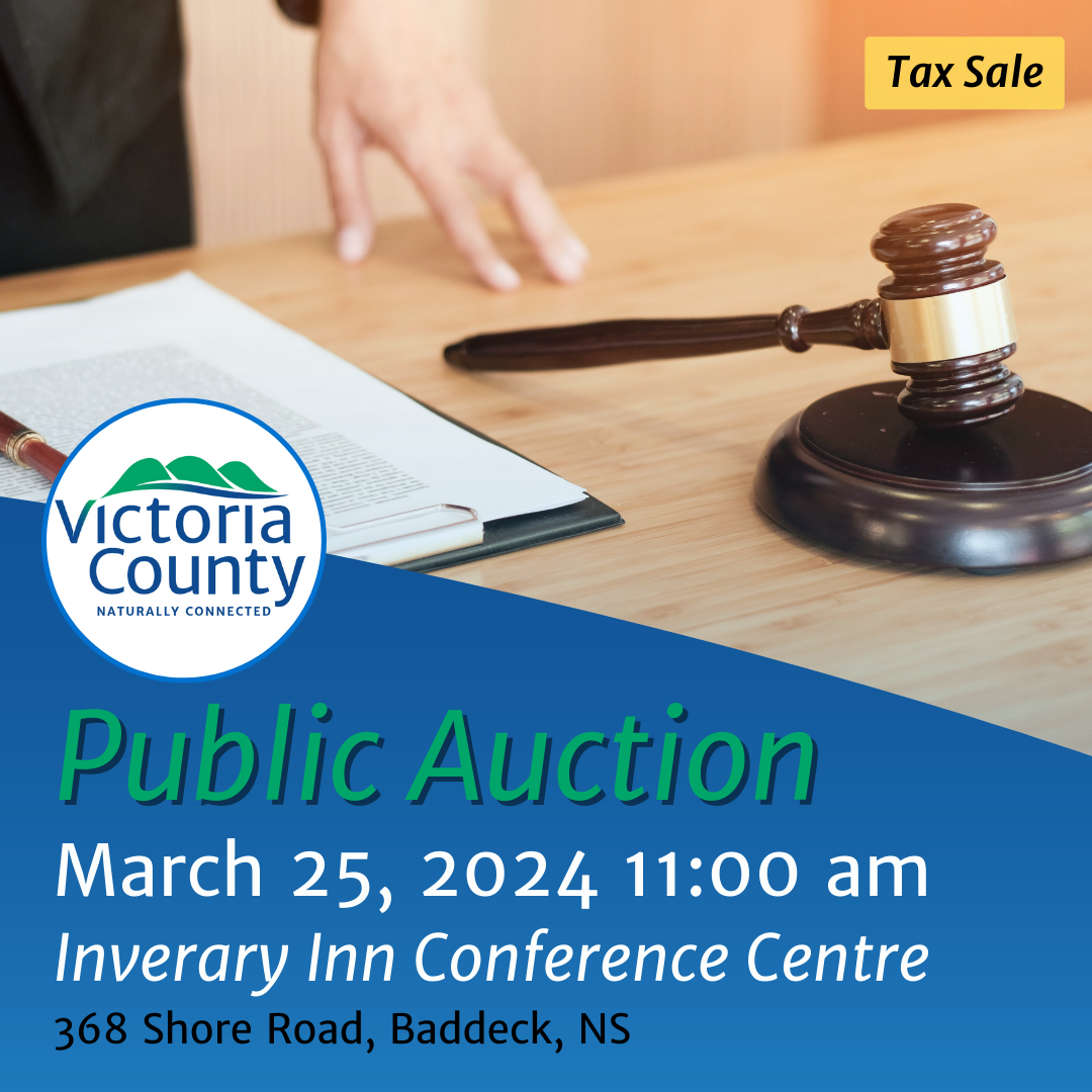 Public Auction with image of gavel and clipboard on a desk.