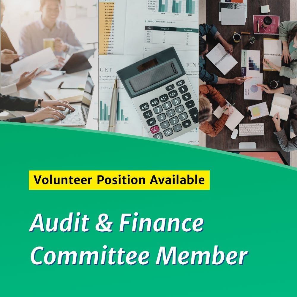 Images of people working together in a committee on finance and budgets with text reading "Volunteer Position Available: Audit and Finance Committee" Member