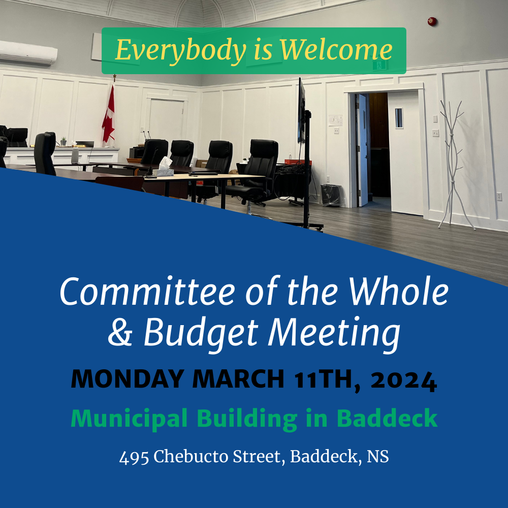 Meeting Announcement for Budget Meeting and Committee of the Whole. Image of Council Meeting Chambers.