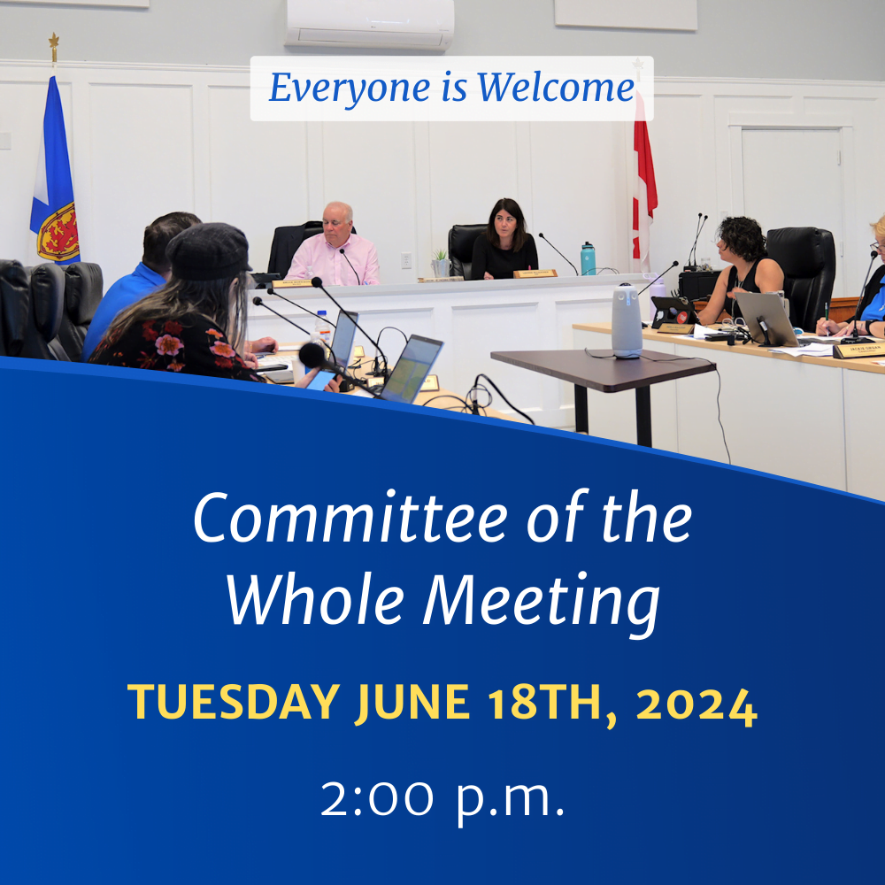 Image of Victoria County Council meeting in Council Chambers with text that Readis "Committee of the Whole Meeting: Tuesday June 18th, 2:00 p.m. Everyone is welcome."