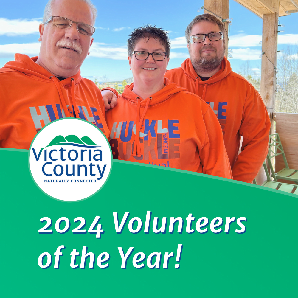 Photograph of Shelley Coones, Ryan Costello & Billy Joe Robertson and text reading, "2024 Volunteers of the Year" with the Victoria County Logo