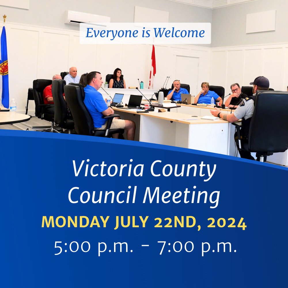 Photo of Victoria County Council Meeting in Session with text reading, "Victoria County Council Meeting: Monday July 22nd, 5:00 p.m. - 7:00 pm. Everyone is welcome.