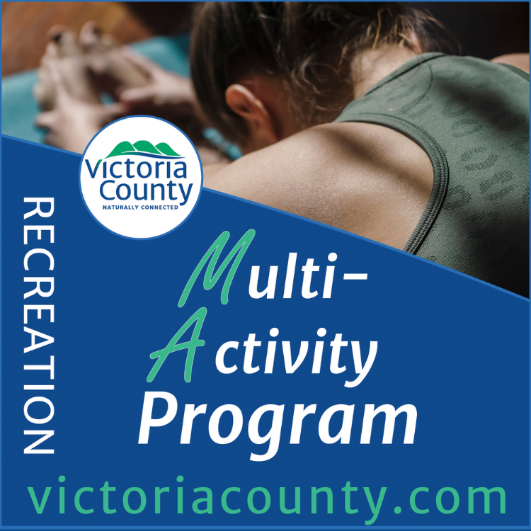 Female stretching on a yoga mat with text reading, "Victoria County Recreation: Multi-Activity Program"