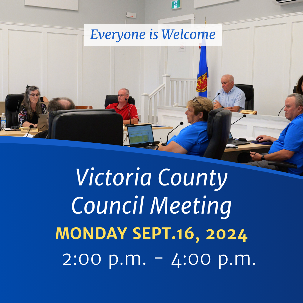 Image of Victoria County Council Session with text reading: "Victoria County Council Meeting: Monday Sept. 16, 2024 2:00 p.m. - 4:00 p.m.