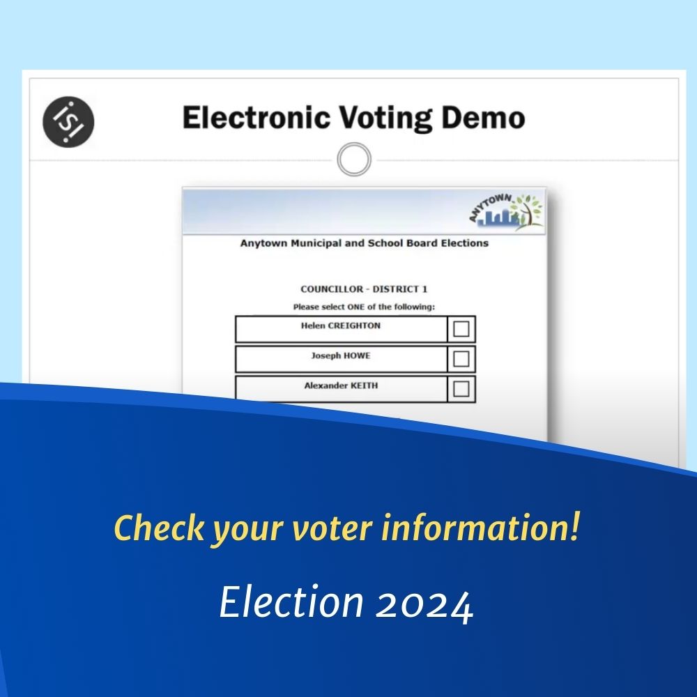 Image of Electronic Voting Demo webpage with text reading, "Check your voter information!" Election 2024.