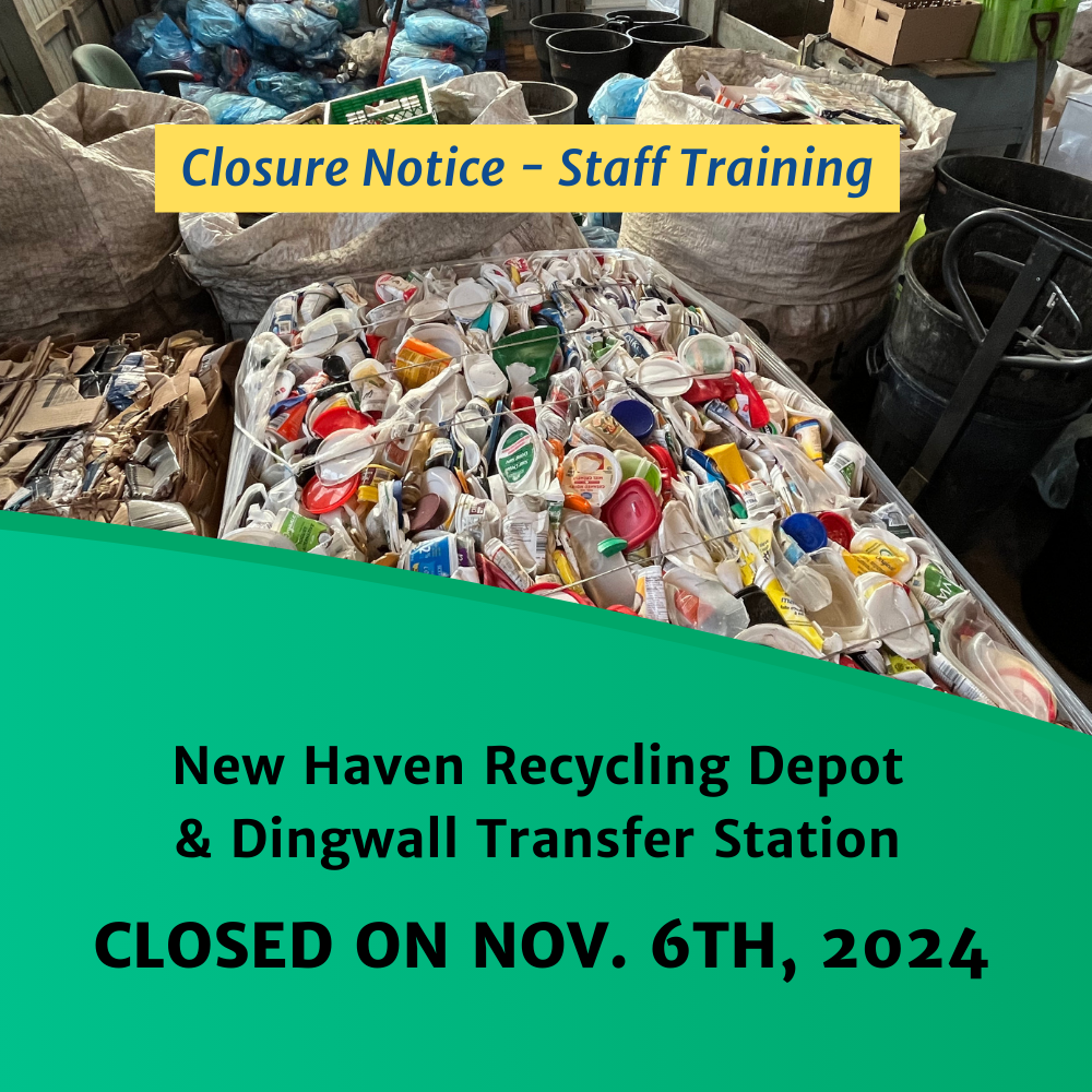 Image of recycling bail of card board with text reading "Closure Notice - Staff Training: New Haven Recycling Depot & Dingwall Transfer Station - CLOSED on November 6th, 2024".