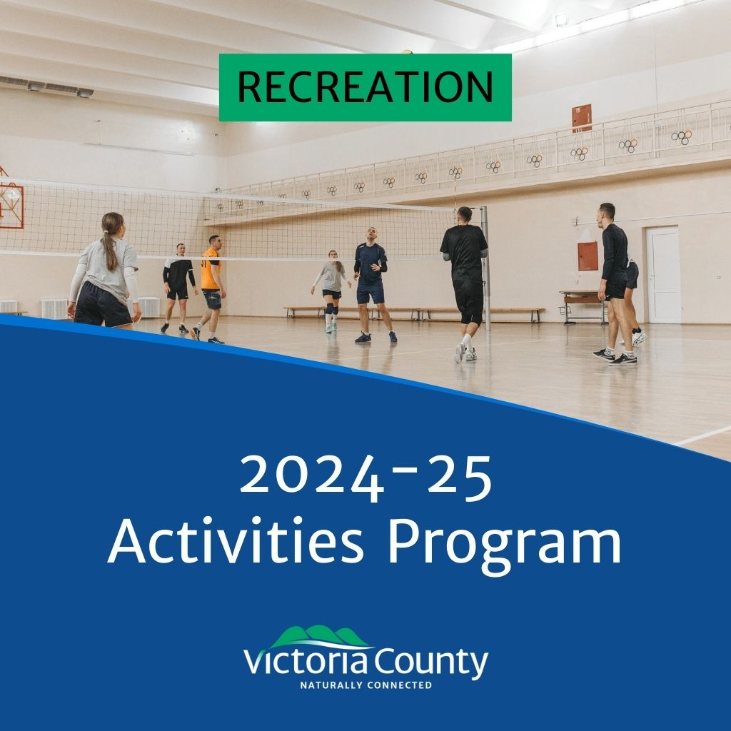 Image of people playing volleyball in a gym with text reading "Recreation: 2024-25 Activities Program".