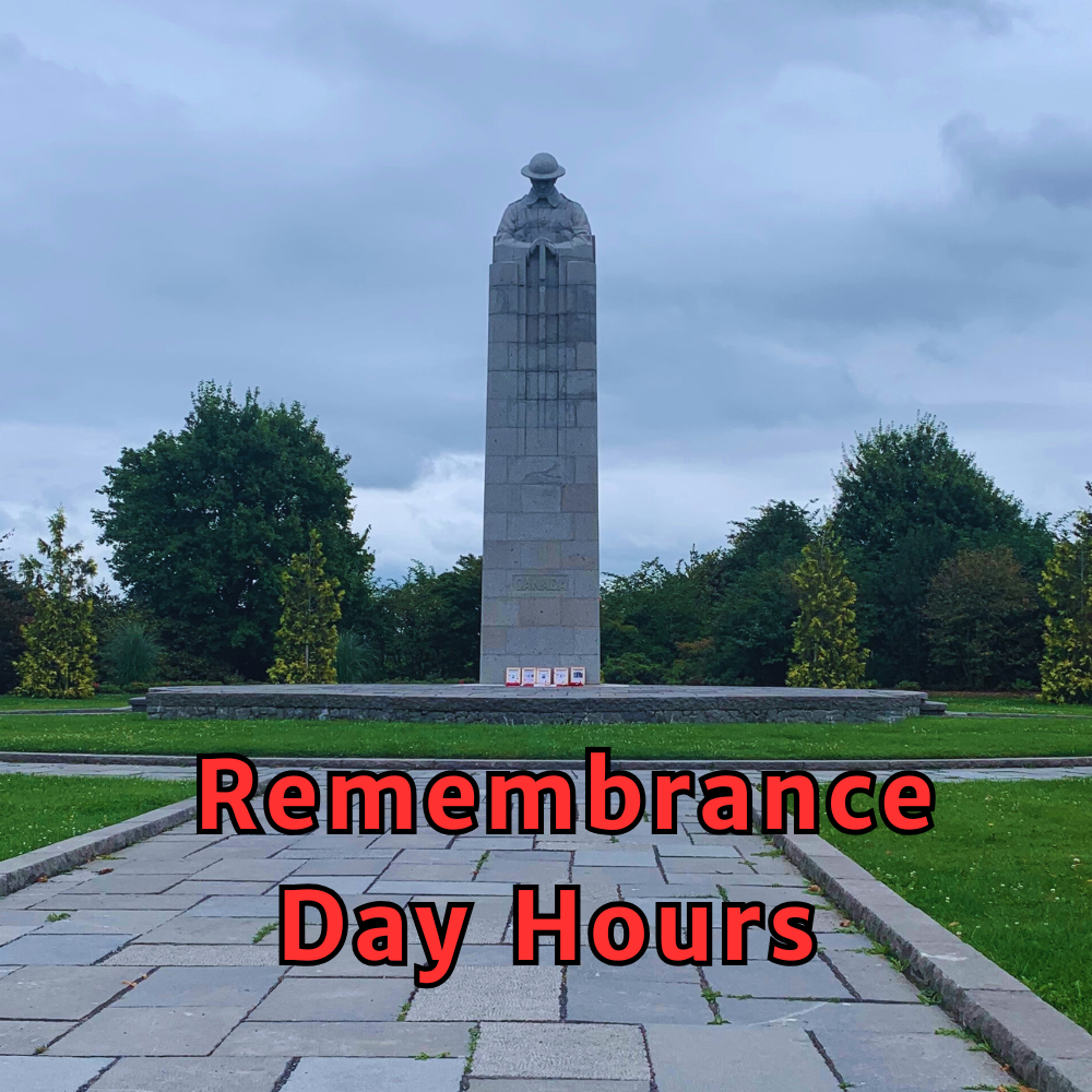 Photograh of the "Brooding Soldier" World War One Canadian Memorial in St.Julien, with text reading, "Remembrance Day Hours"