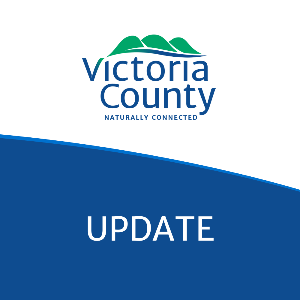 Green and Blue Victoria County Logo on a white background with white text on a blue background below reading "UPDATE"