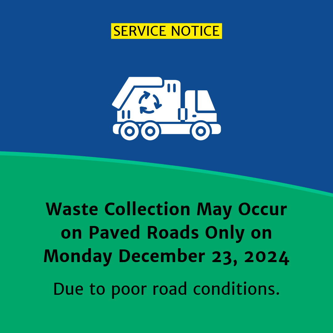 Graphic of a waste collection truck on a blue and green background with text reading, "Service Notice - Waste Collection M