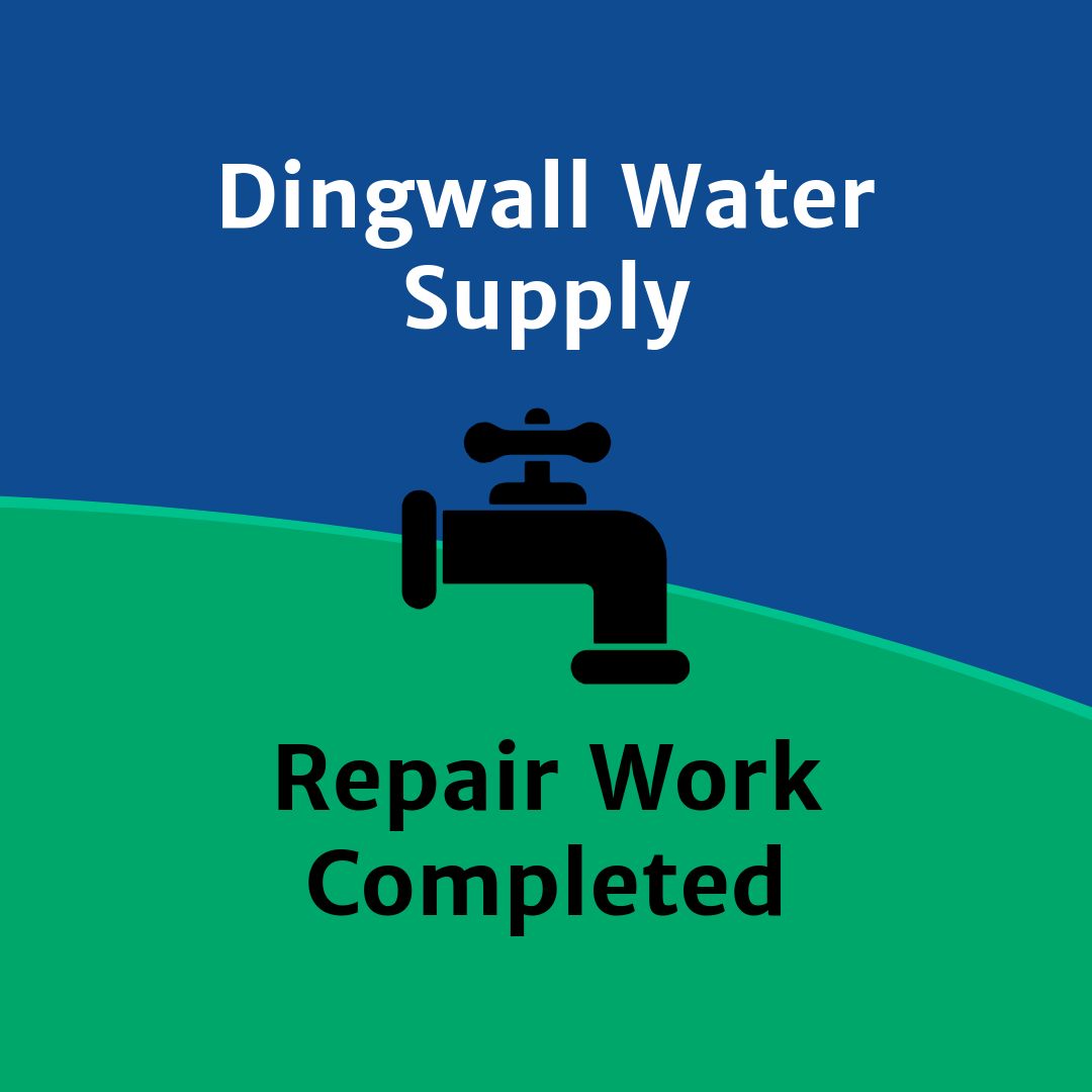 Image of a water facet icon on a blue and green background with text reading, "Dingwall Water Supply: Repair Work Completed."