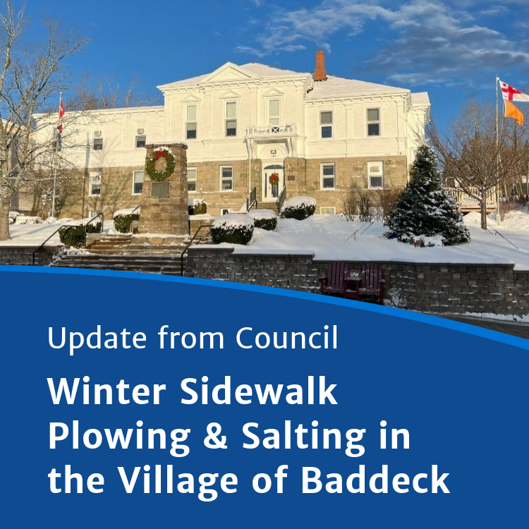 Photograph of the Muncipal Building in Baddeck with Christmas Wreaths on the door and snow covered ground with text reading, "Update from Council: Winter Sidewalk Plowing & Salting in the Village of Baddeck."