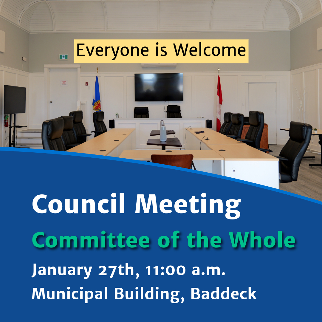 Photograph of Council Chambers at the Municipal Building in Baddeck with text reading "Council Meeting - Committee of the Whole: January 27, 2025 at 11:00 a.m. at the Municipal Building in Baddeck".