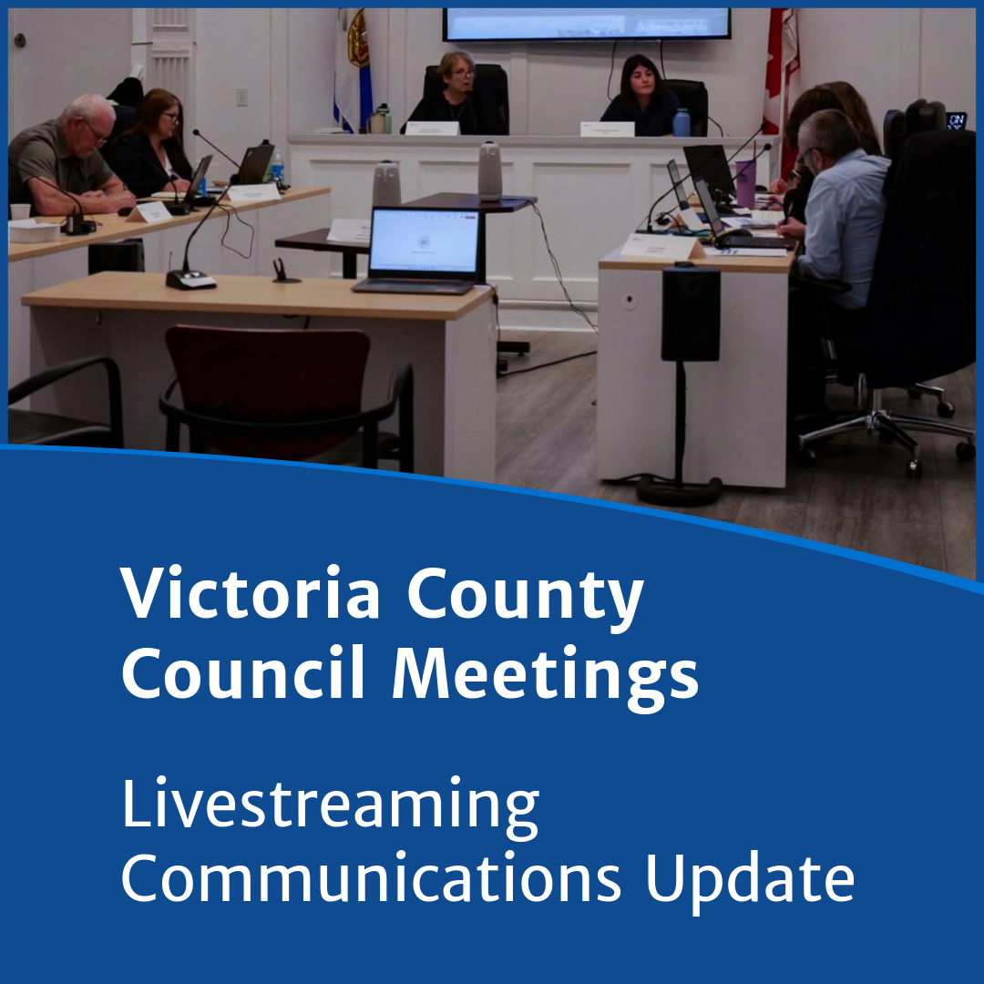 Photograph of Victoria County Council Meeting with text reading "Victoria County Council Meetings: Livestreaming Communications Update."