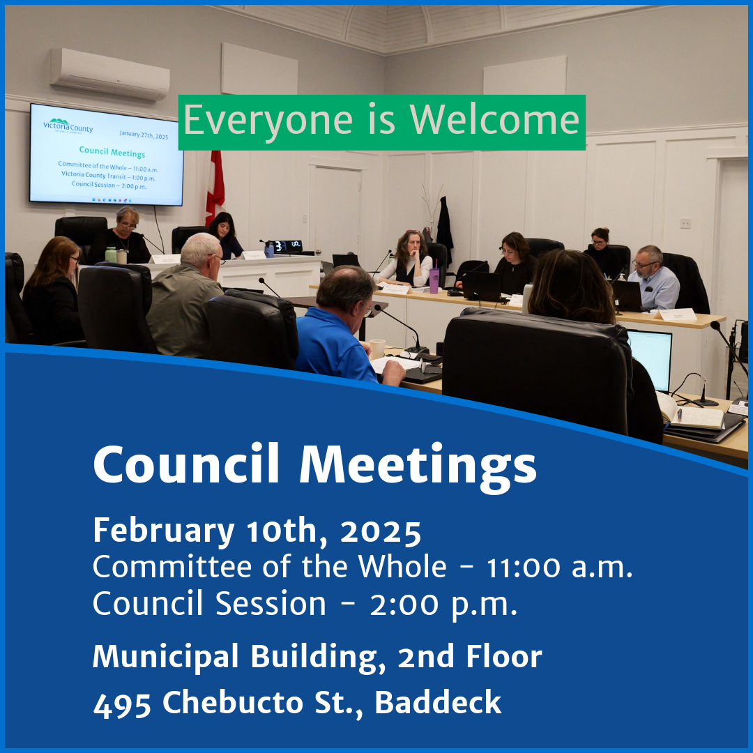 Photograph of Victoria County Council meeting in Council Chambers in Baddeck with text reading, Council Meetings - February 10th, 2025"