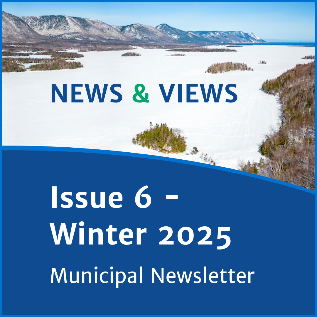 A winter photograph of Ingonish Harbour ice and snow in the foreground and the ocean int he backgroun and snow covered mountains on the horizon, with text reading, "News & Views, Issue 6 - Winter 2025, Municipal Newsletter."