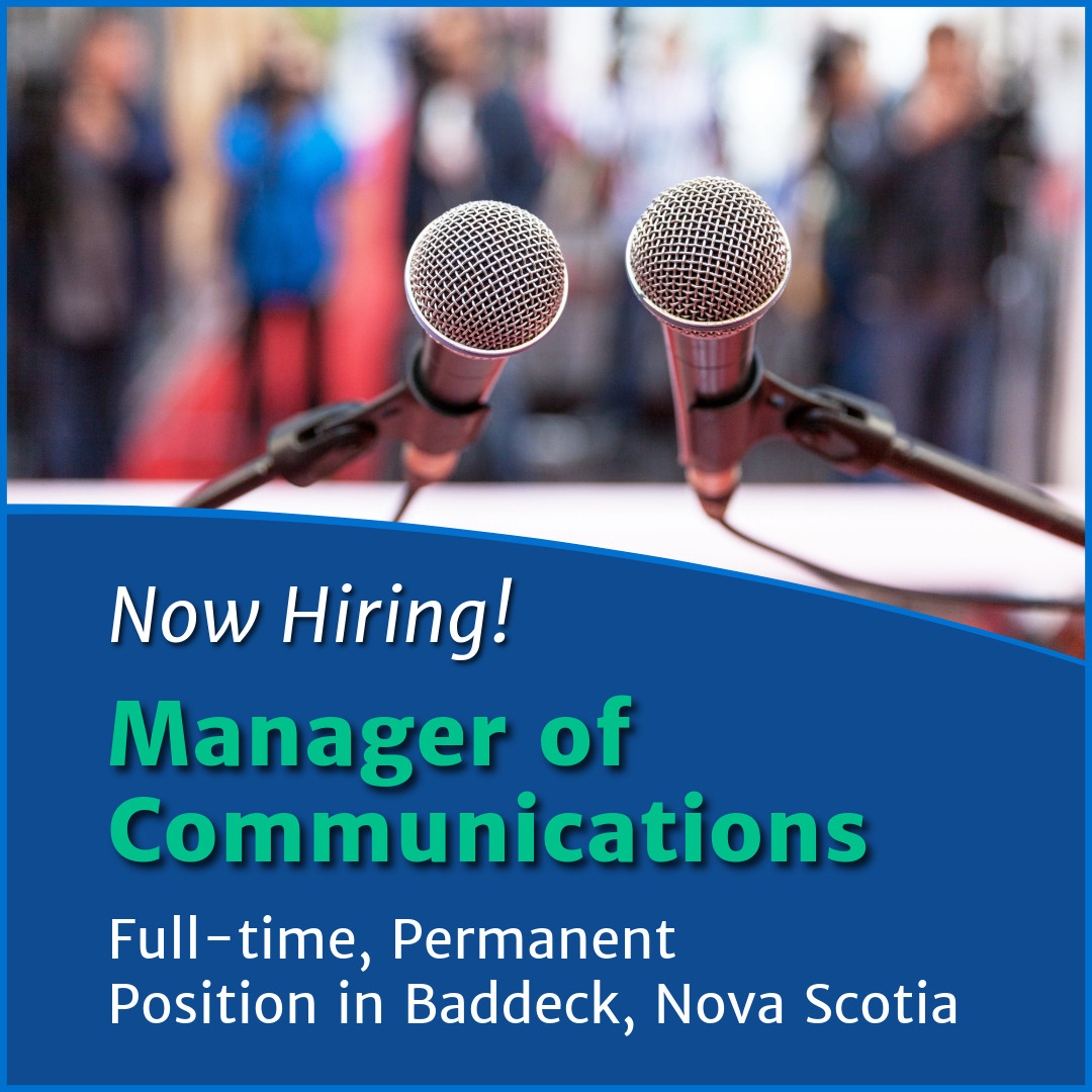 Photograph of two microphones in the foreground and media personnel in the background with text reading, "Now Hiring! Manager of Communications. Full-time, Permanent Position in Baddeck."