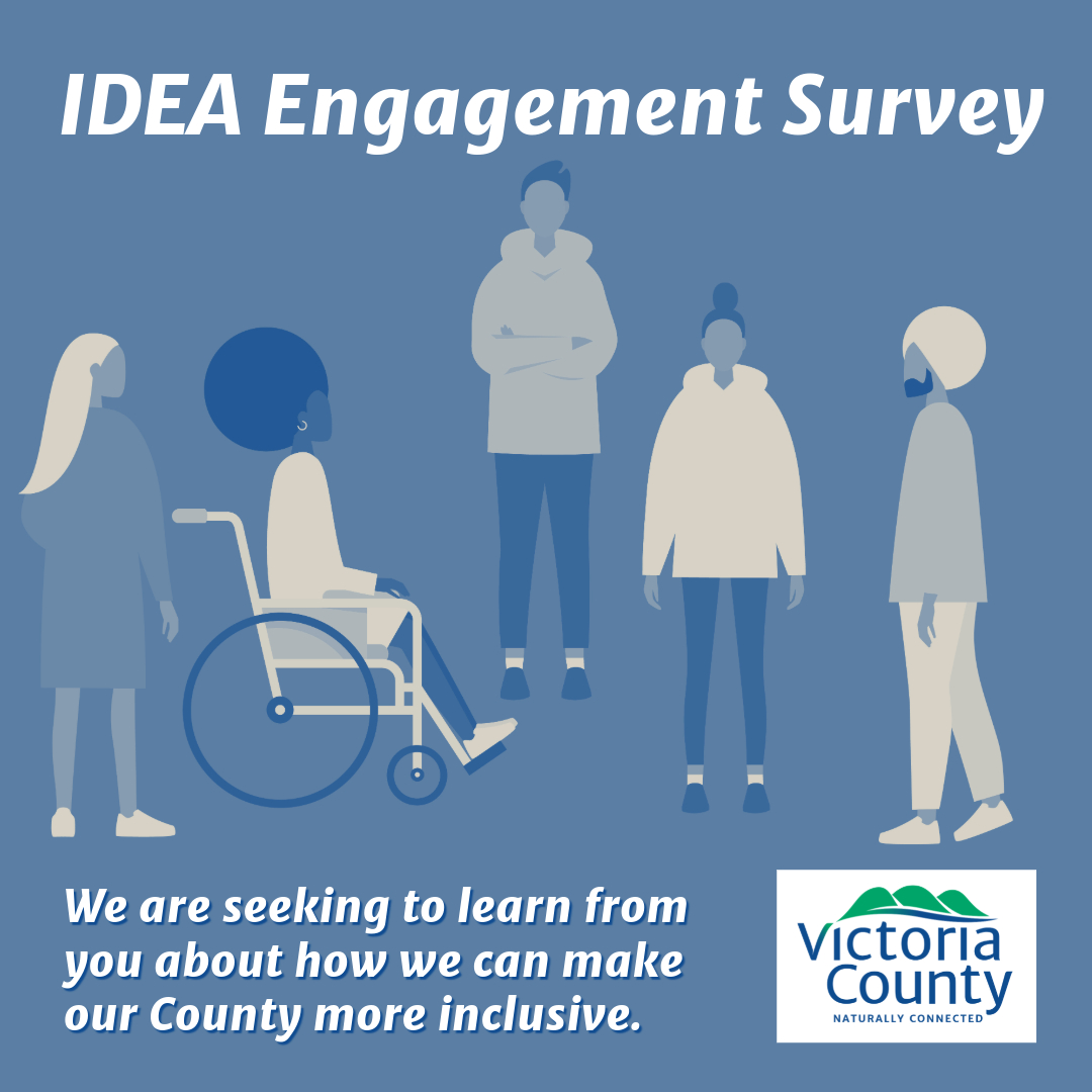 IDEA Engagement Survey" written in bold white text at the top. Below, an illustration features a diverse group of people, including an individual using a wheelchair, a person wearing a turban, and others with varying physical appearances and clothing styles, representing inclusivity. The background is blue with a mix of light and dark shades. Below the illustration, white text reads: "We are seeking to learn from you about how we can make our County more inclusive." In the bottom right corner, the Victoria County logo is displayed, featuring green hills and the tagline "Naturally Connected."