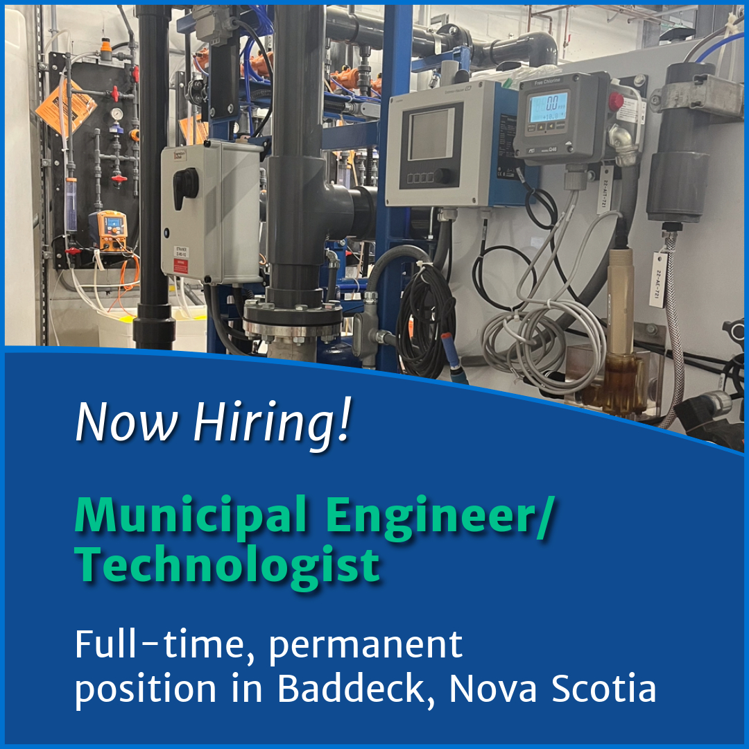 Photograph of the interior of a water utility facility with text reading "Now Hiring - Municipal Engineer/Technologist - Full-Time, permanent position in Baddeck, NS